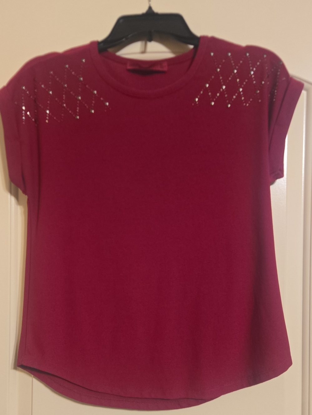 Large Love Scarlett Women’s Burgundy Short Sleeve Top with Shoulder Rhinestones